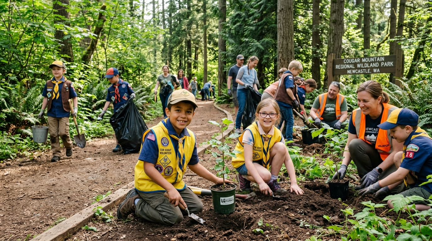 Scouts planting trees on trail