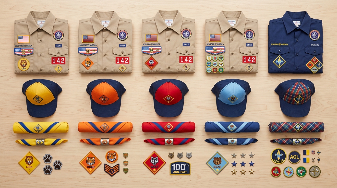 Cub scout uniform shirts, hats, neckerchiefs and patches