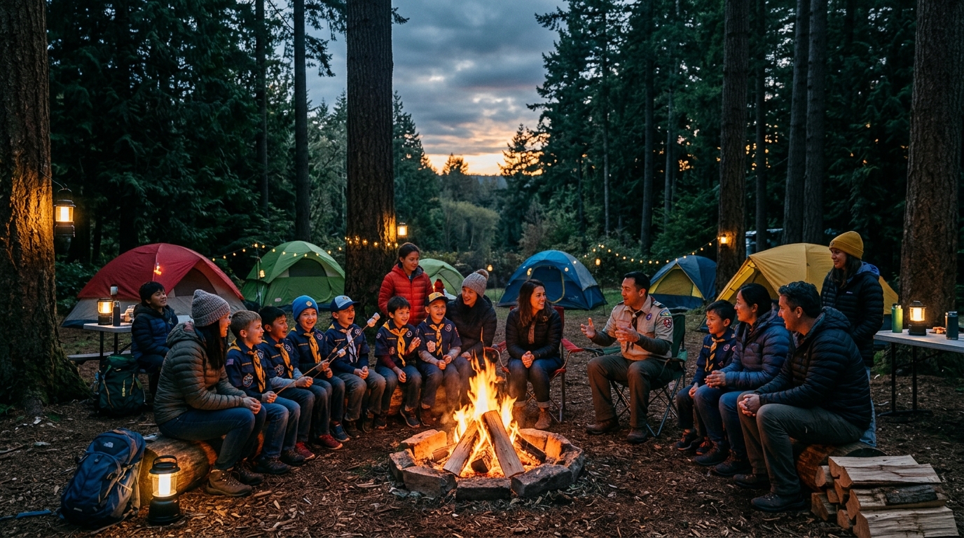 Family campfire in the Pacific Northwest woods