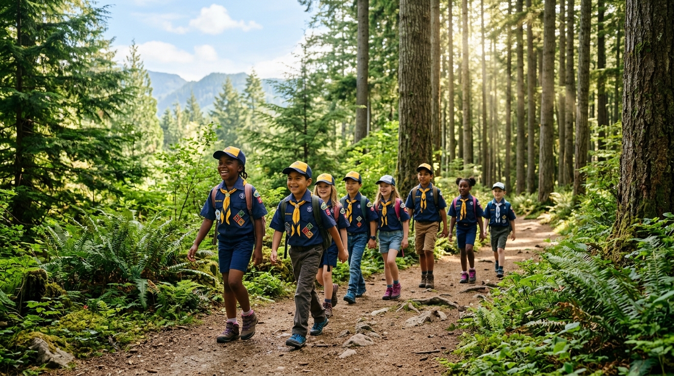 Cub Scouts hiking in Pacific Northwest forest