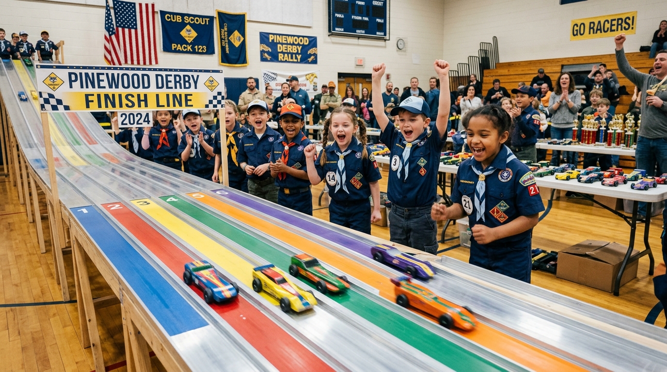 Excited scouts watching Pinewood Derby race